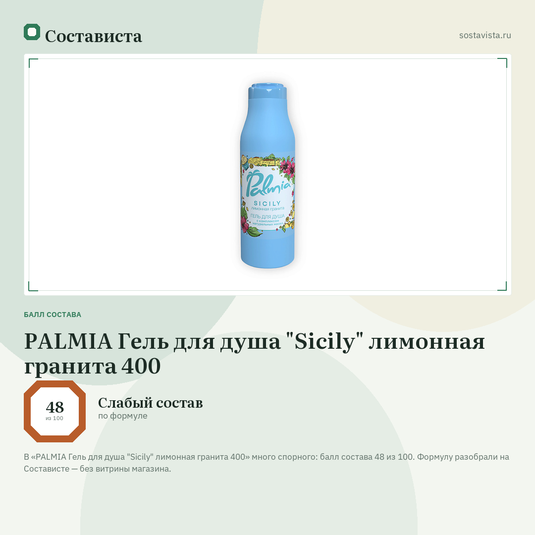 PALMIA Гель для душа "Sicily" лимонная гранита 400: балл состава 48 из 100 — Состависта