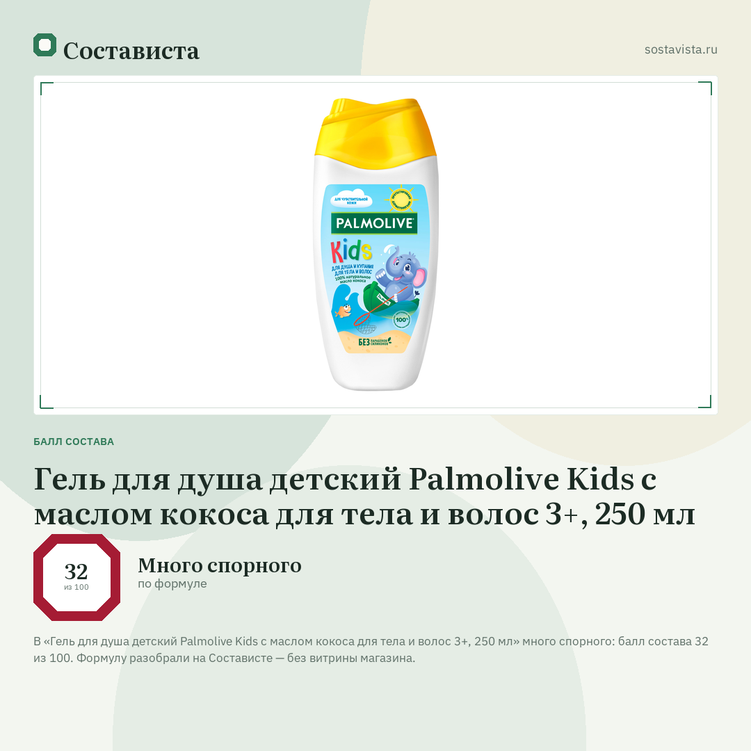 Гель для душа детский Palmolive Kids с маслом кокоса для тела и волос 3+, 250 мл: балл состава 32 из 100 — Состависта