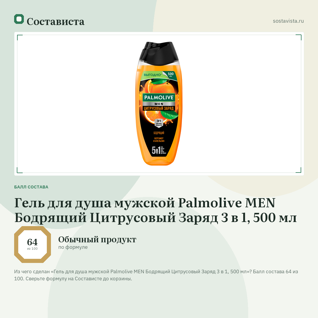 Гель для душа мужской Palmolive MEN Бодрящий Цитрусовый Заряд 3 в 1, 500 мл: балл состава 64 из 100 — Состависта