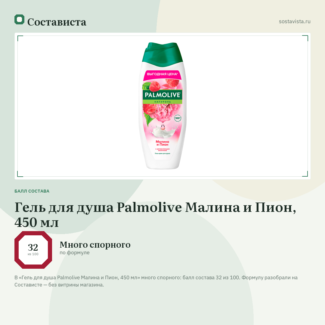 Гель для душа Palmolive Малина и Пион, 450 мл: балл состава 32 из 100 — Состависта