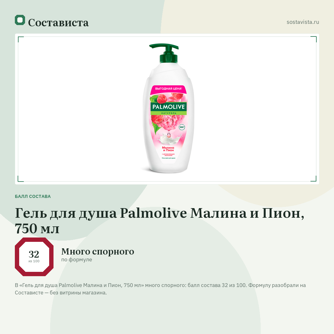 Гель для душа Palmolive Малина и Пион, 750 мл: балл состава 32 из 100 — Состависта