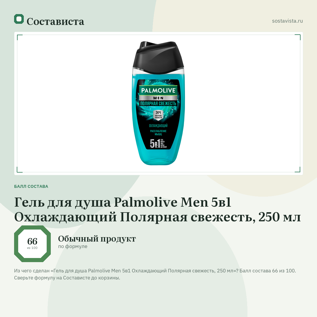Гель для душа Palmolive Men 5в1 Охлаждающий Полярная свежесть, 250 мл: балл состава 66 из 100 — Состависта