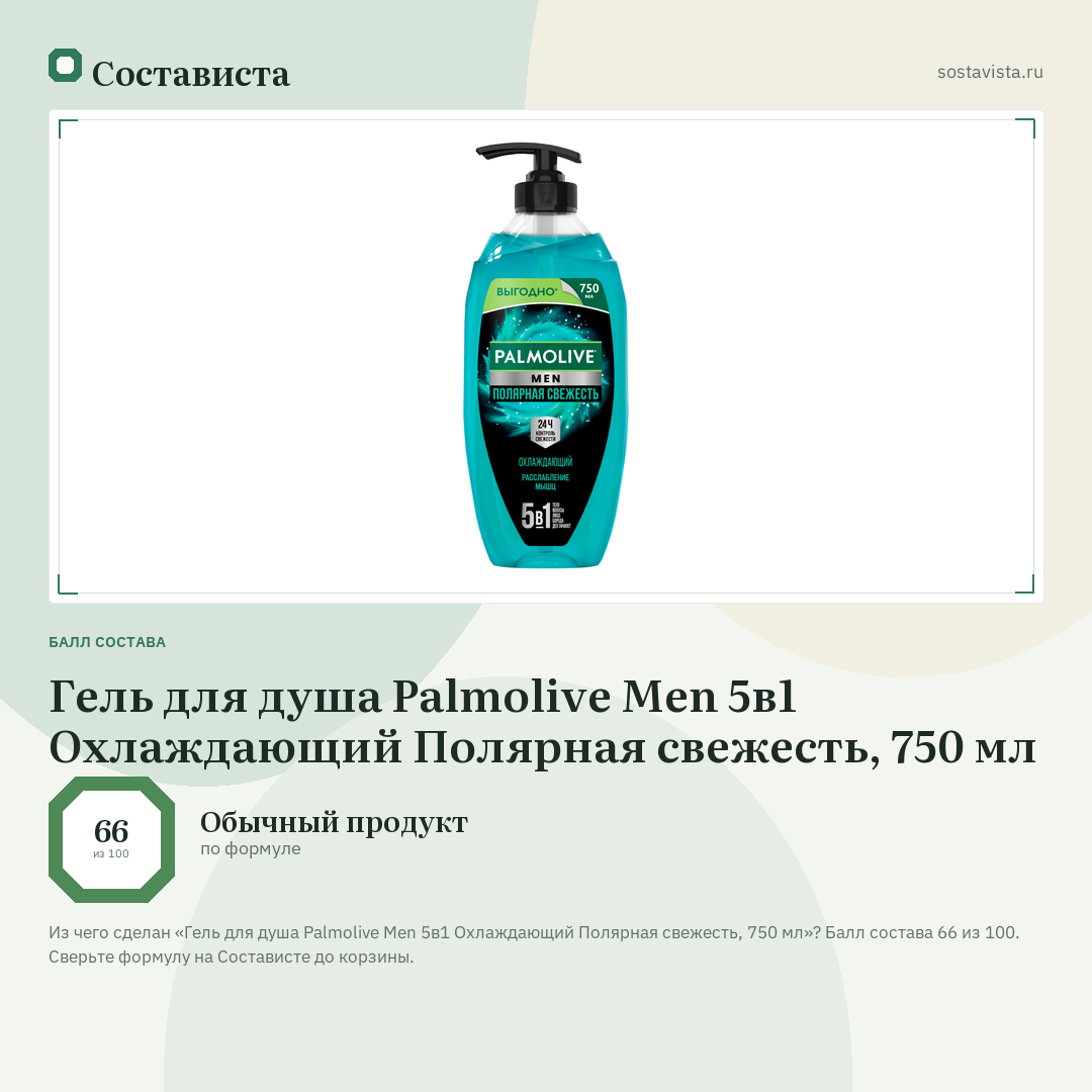 Гель для душа Palmolive Men 5в1 Охлаждающий Полярная свежесть, 750 мл: балл состава 66 из 100 — Состависта
