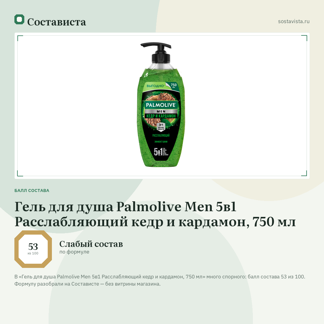 Гель для душа Palmolive Men 5в1 Расслабляющий кедр и кардамон, 750 мл: балл состава 53 из 100 — Состависта