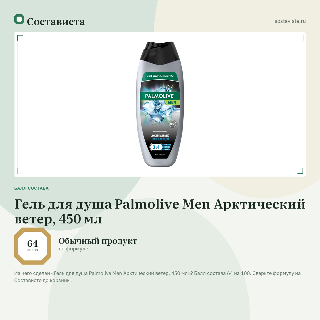 Гель для душа Palmolive Men Арктический ветер, 450 мл: балл состава 64 из 100 — Состависта