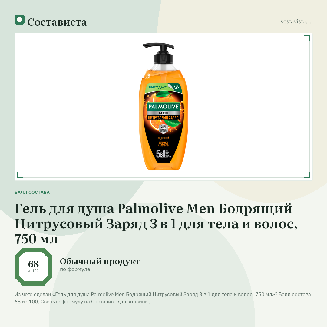 Гель для душа Palmolive Men Бодрящий Цитрусовый Заряд 3 в 1 для тела и волос, 750 мл: балл состава 68 из 100 — Состависта