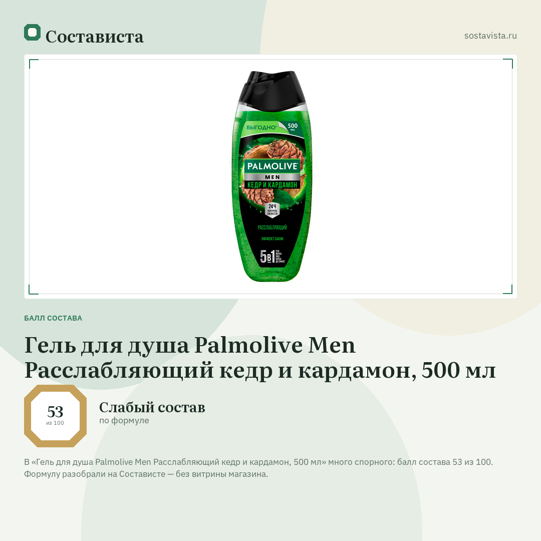 Гель для душа Palmolive Men Расслабляющий кедр и кардамон, 500 мл: балл состава 53 из 100 — Состависта