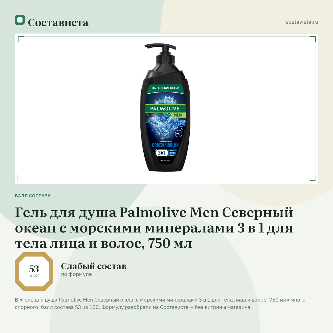 Гель для душа Palmolive Men Северный океан с морскими минералами 3 в 1 для тела лица и волос, 750 мл: балл состава 53 из 100 — Состависта