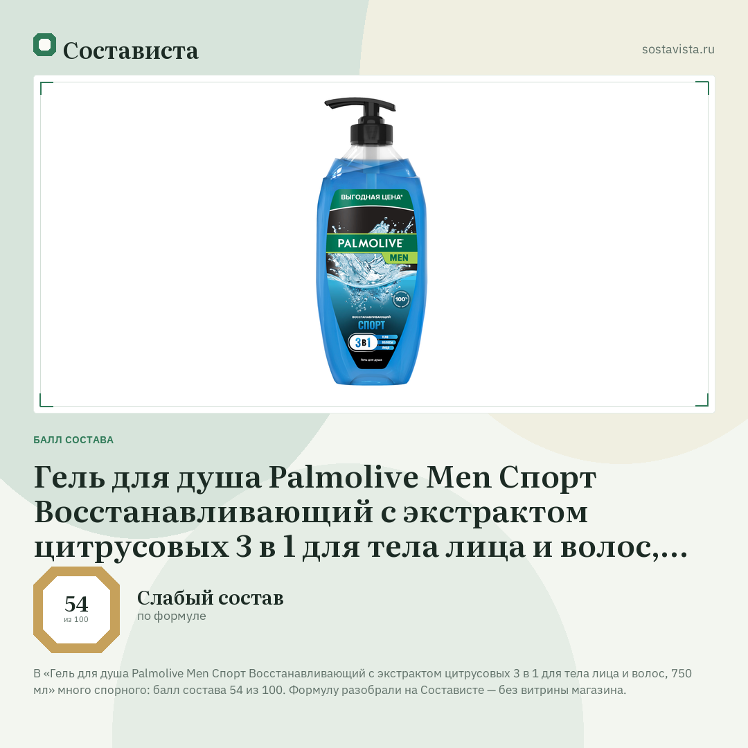 Гель для душа Palmolive Men Спорт Восстанавливающий с экстрактом цитрусовых 3 в 1 для тела лица и волос, 750 мл: балл состава 54 из 100 — Состависта