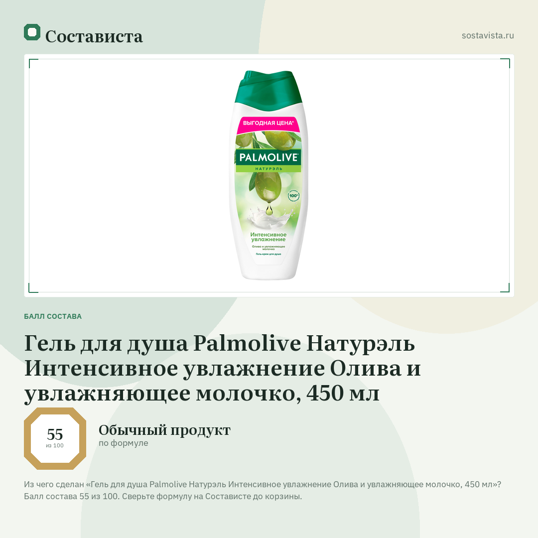 Гель для душа Palmolive Натурэль Интенсивное увлажнение Олива и увлажняющее молочко, 450 мл: балл состава 55 из 100 — Состависта