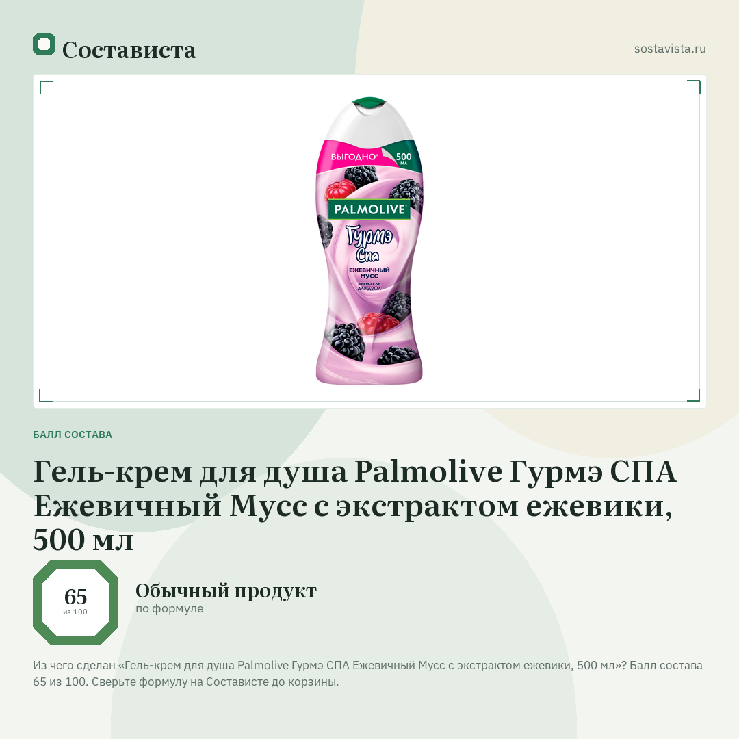 Гель-крем для душа Palmolive Гурмэ СПА Ежевичный Мусс с экстрактом ежевики, 500 мл: балл состава 65 из 100 — Состависта