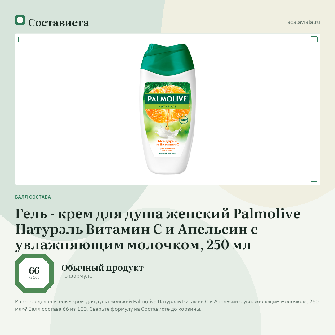 Гель - крем для душа женский Palmolive Натурэль Витамин С и Апельсин с увлажняющим молочком, 250 мл: балл состава 66 из 100 — Состависта