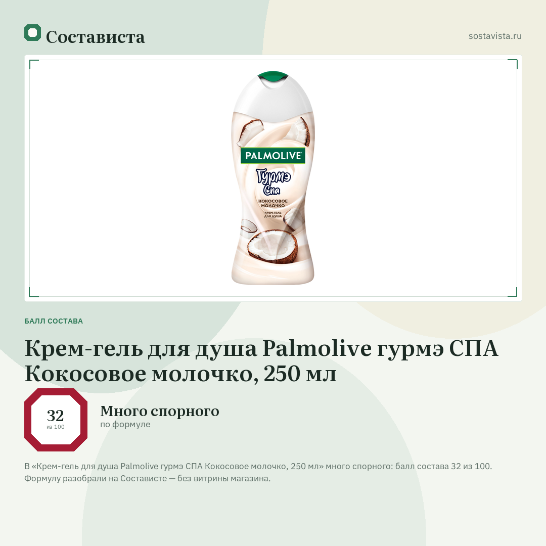 Крем-гель для душа Palmolive гурмэ СПА Кокосовое молочко, 250 мл: балл состава 32 из 100 — Состависта