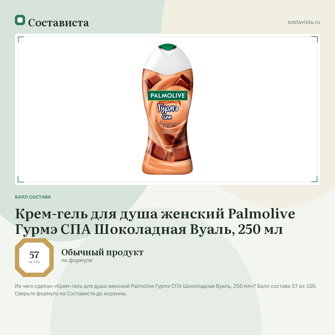 Крем-гель для душа женский Palmolive Гурмэ СПА Шоколадная Вуаль, 250 мл: балл состава 57 из 100 — Состависта