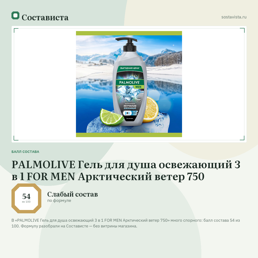 PALMOLIVE Гель для душа освежающий 3 в 1 FOR MEN Арктический ветер 750: балл состава 54 из 100 — Состависта