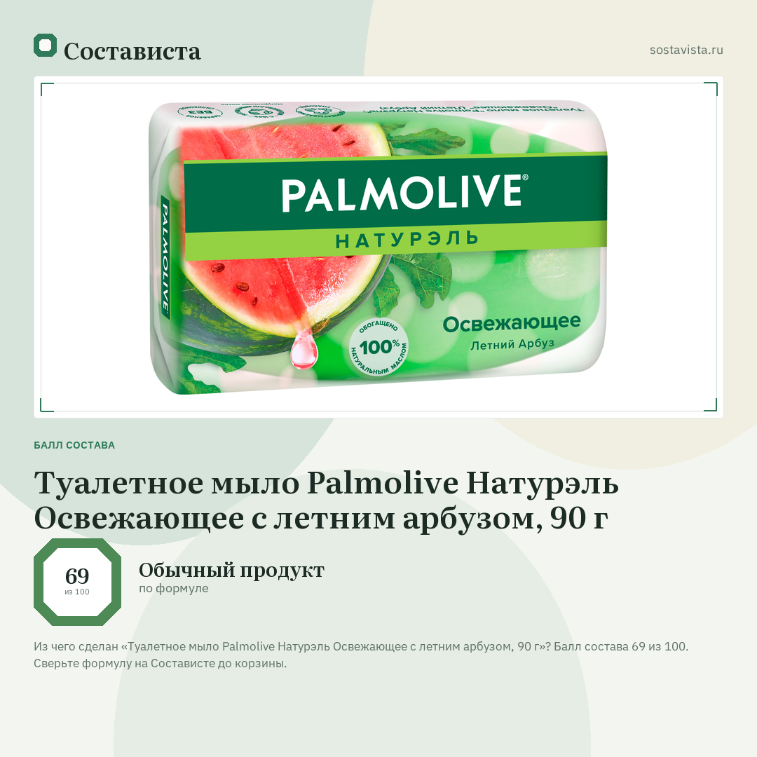 Туалетное мыло Palmolive Натурэль Освежающее с летним арбузом, 90 г: балл состава 69 из 100 — Состависта