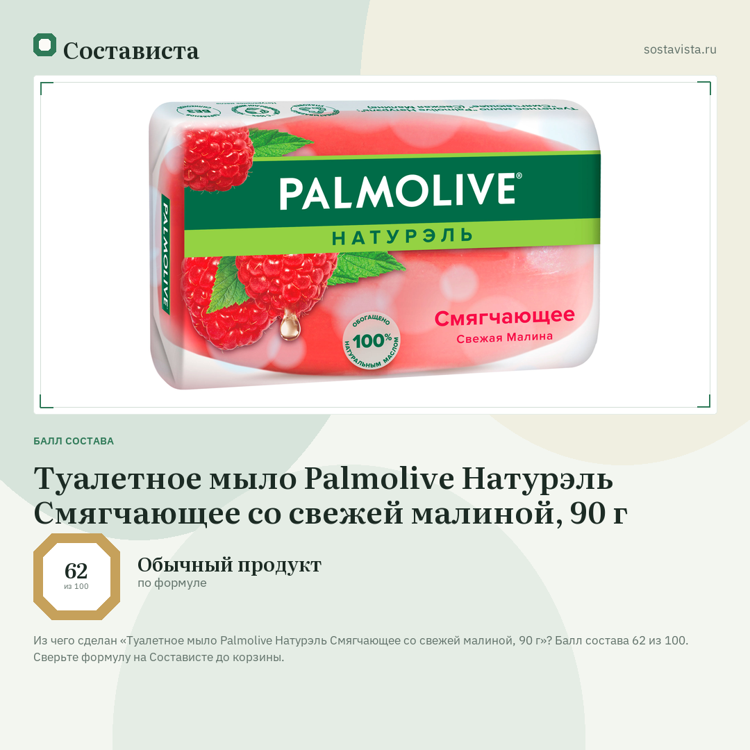 Туалетное мыло Palmolive Натурэль Смягчающее со свежей малиной, 90 г: балл состава 62 из 100 — Состависта