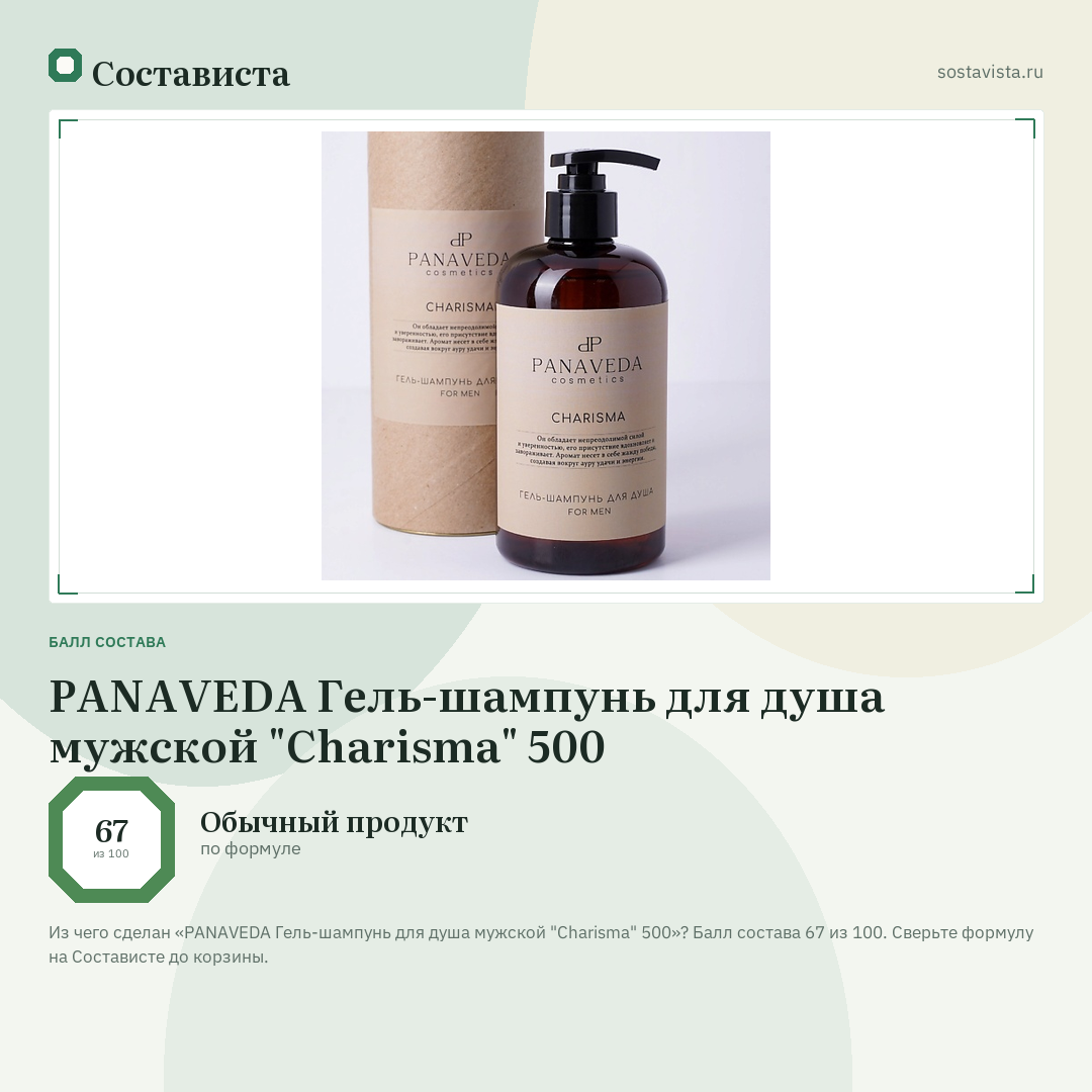 PANAVEDA Гель-шампунь для душа мужской "Charisma" 500: балл состава 67 из 100 — Состависта