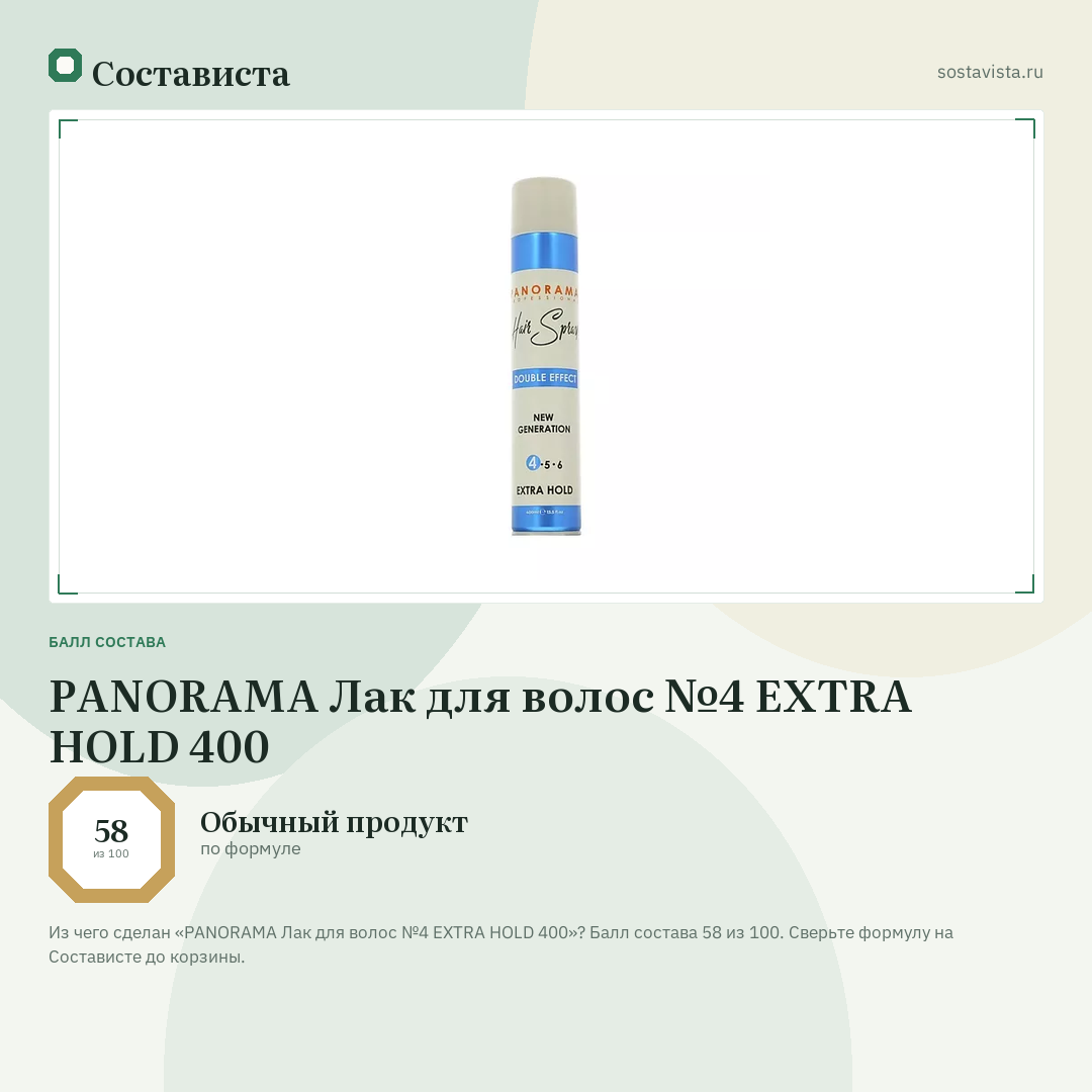 PANORAMA Лак для волос №4 EXTRA HOLD 400: балл состава 58 из 100 — Состависта