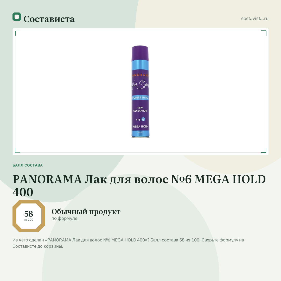 PANORAMA Лак для волос №6 MEGA HOLD 400: балл состава 58 из 100 — Состависта