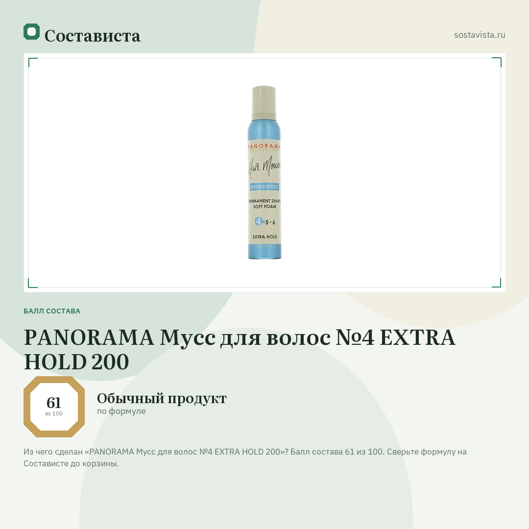PANORAMA Мусс для волос №4 EXTRA HOLD 200: балл состава 61 из 100 — Состависта