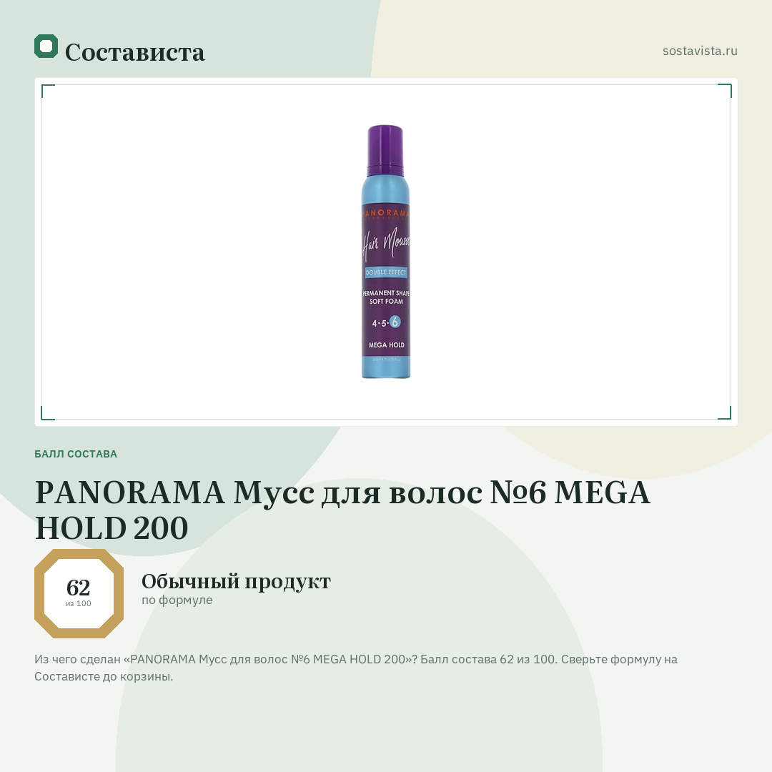 PANORAMA Мусс для волос №6 MEGA HOLD 200: балл состава 62 из 100 — Состависта