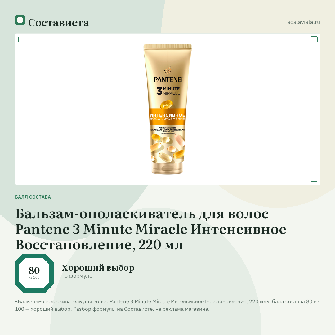 Бальзам-ополаскиватель для волос Pantene 3 Minute Miracle Интенсивное Восстановление, 220 мл: балл состава 80 из 100 — Состависта