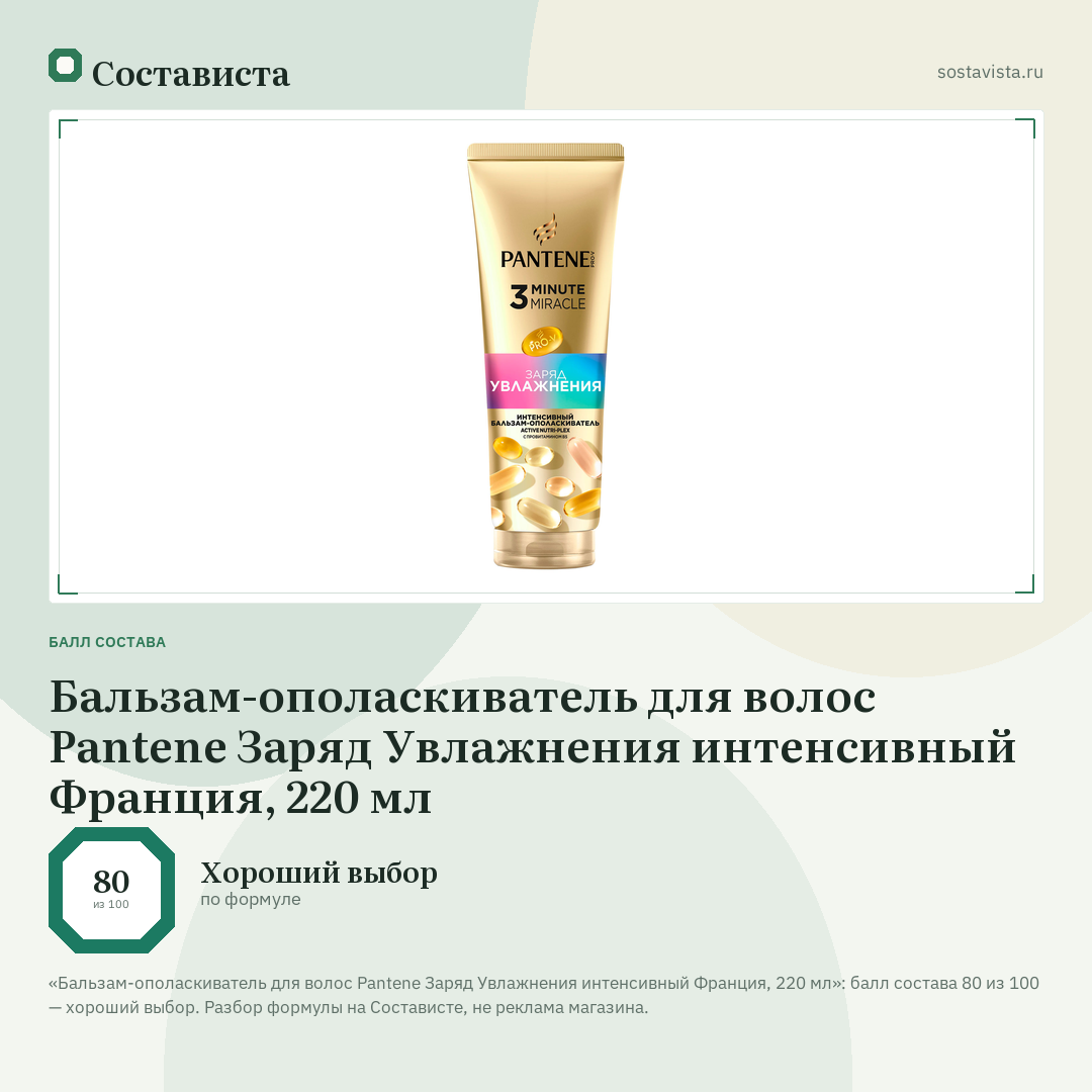 Бальзам-ополаскиватель для волос Pantene Заряд Увлажнения интенсивный Франция, 220 мл: балл состава 80 из 100 — Состависта