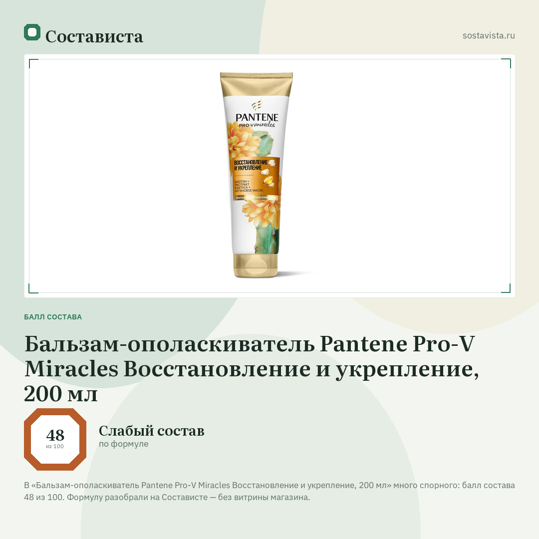 Бальзам-ополаскиватель Pantene Pro-V Miracles Восстановление и укрепление, 200 мл: балл состава 48 из 100 — Состависта