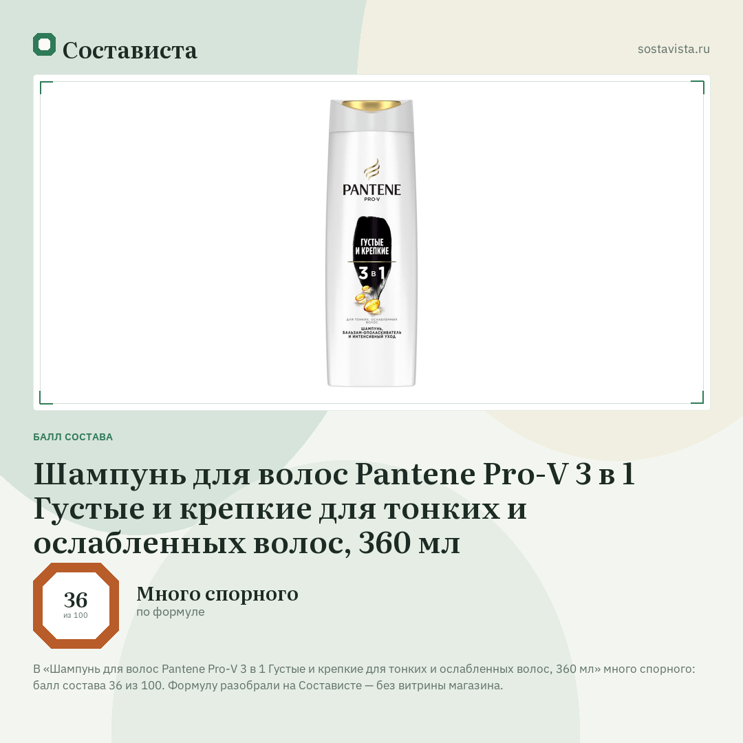 Шампунь для волос Pantene Pro-V 3 в 1 Густые и крепкие для тонких и ослабленных волос, 360 мл: балл состава 36 из 100 — Состависта