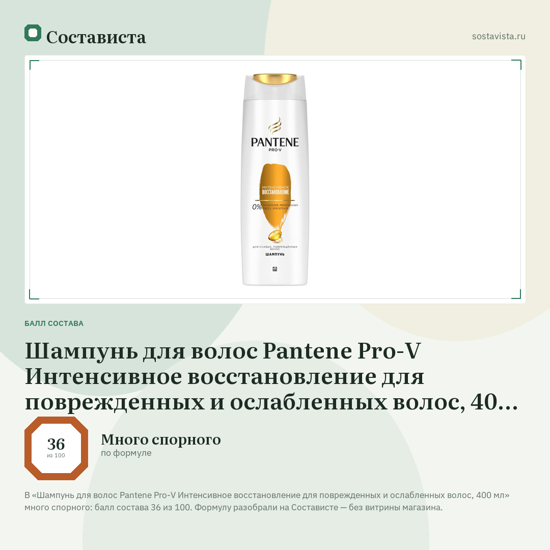 Шампунь для волос Pantene Pro-V Интенсивное восстановление для поврежденных и ослабленных волос, 400 мл: балл состава 36 из 100 — Состависта