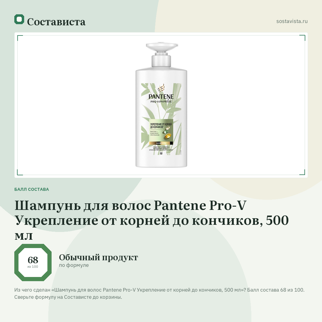 Шампунь для волос Pantene Pro-V Укрепление от корней до кончиков, 500 мл: балл состава 68 из 100 — Состависта