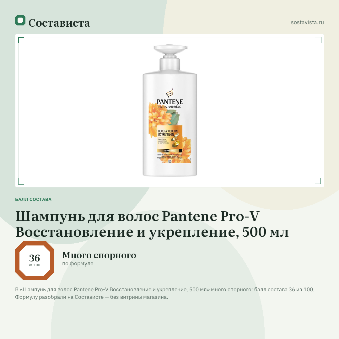 Шампунь для волос Pantene Pro-V Восстановление и укрепление, 500 мл: балл состава 36 из 100 — Состависта