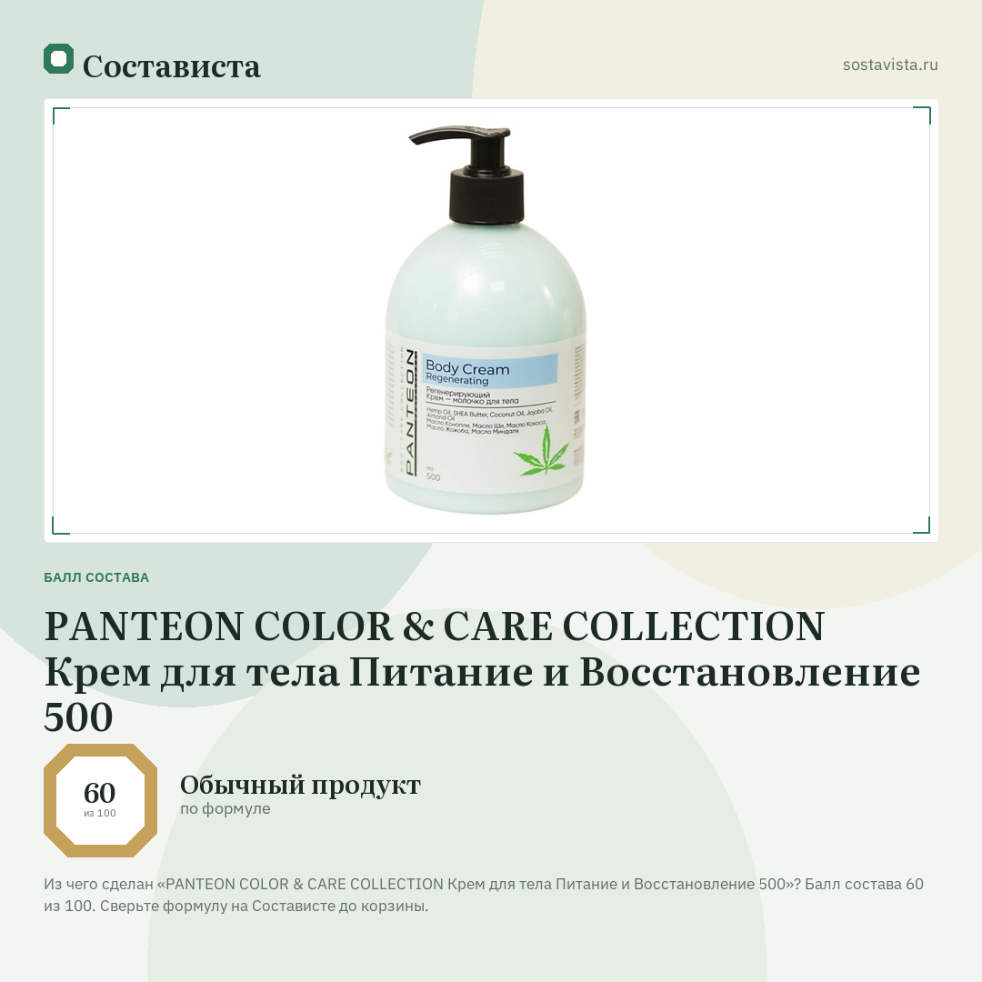 PANTEON COLOR & CARE COLLECTION Крем для тела Питание и Восстановление 500: балл состава 60 из 100 — Состависта