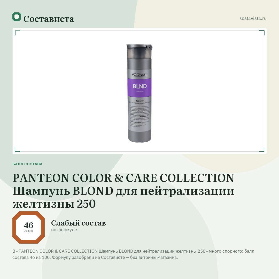 PANTEON COLOR & CARE COLLECTION Шампунь BLOND для нейтрализации желтизны 250: балл состава 46 из 100 — Состависта