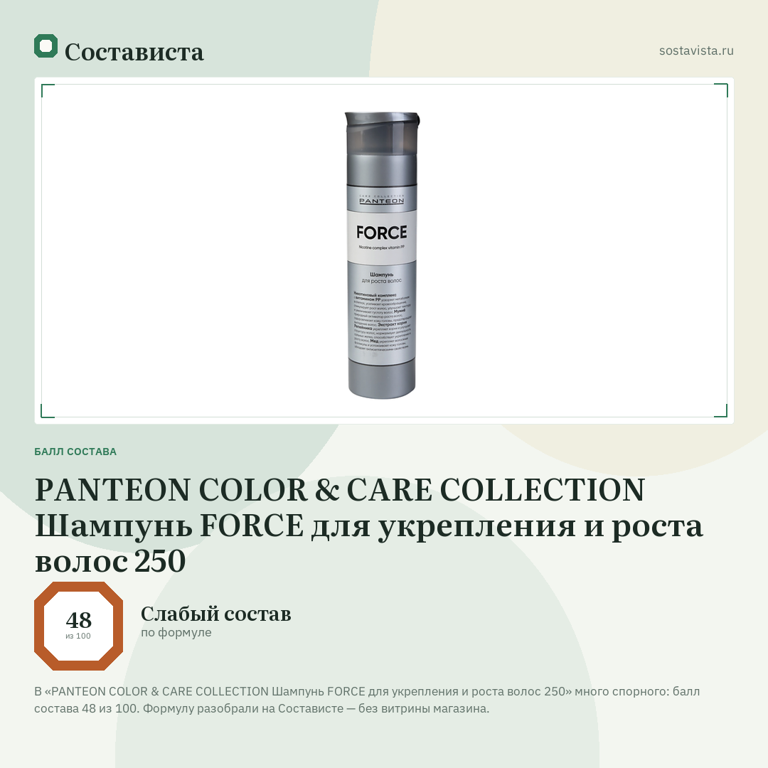 PANTEON COLOR & CARE COLLECTION Шампунь FORCE для укрепления и роста волос 250: балл состава 48 из 100 — Состависта