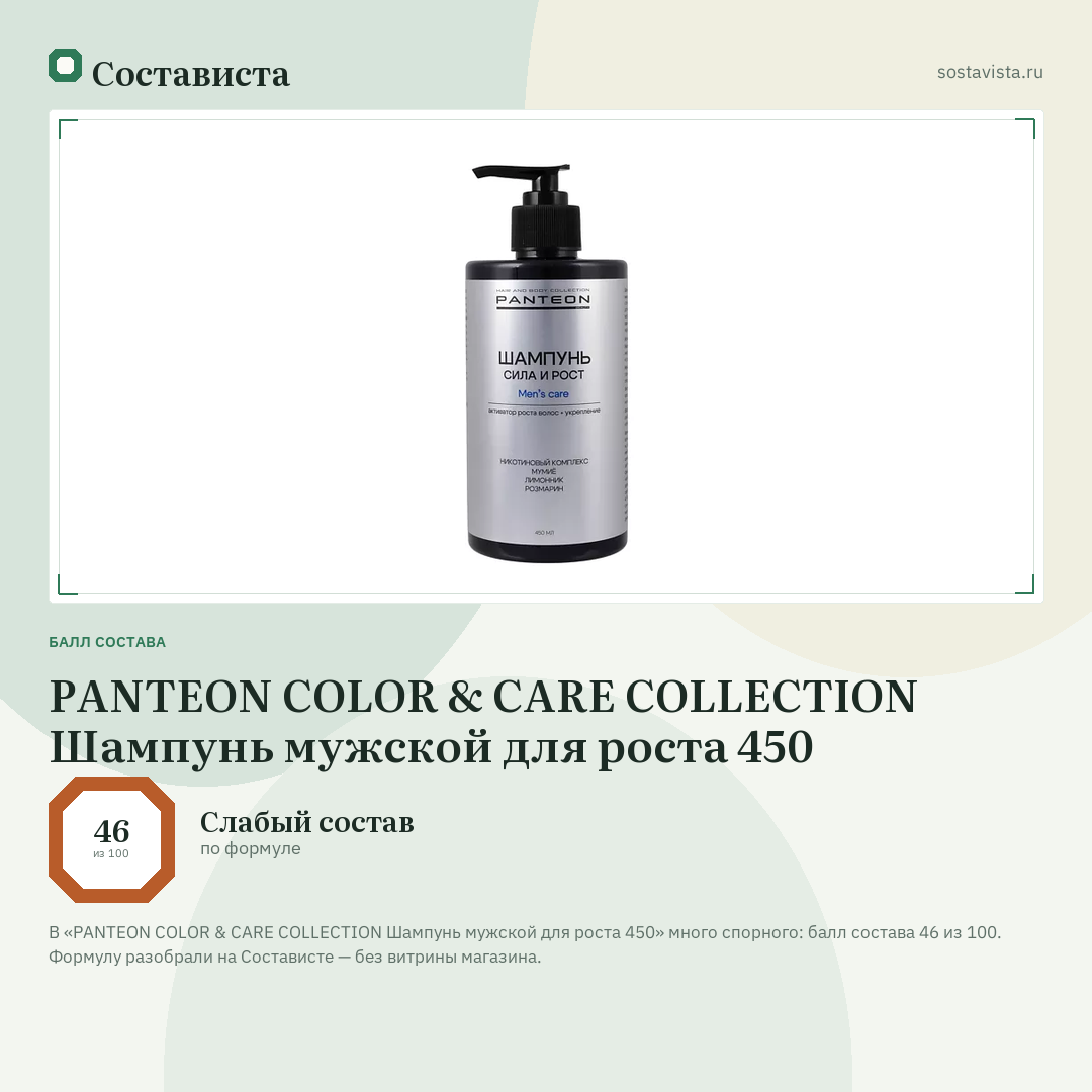 PANTEON COLOR & CARE COLLECTION Шампунь мужской для роста 450: балл состава 46 из 100 — Состависта