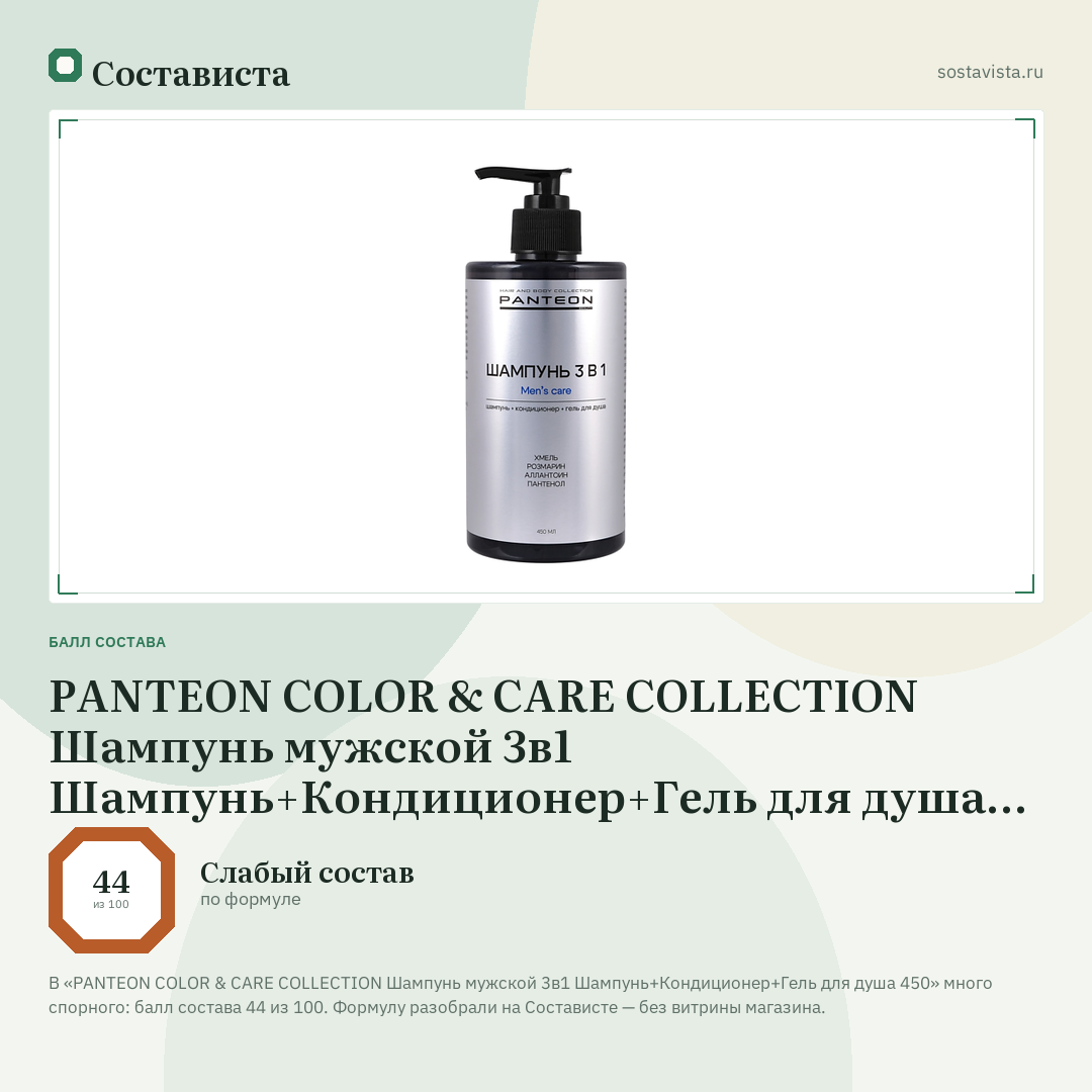 PANTEON COLOR & CARE COLLECTION Шампунь мужской 3в1 Шампунь+Кондиционер+Гель для душа 450: балл состава 44 из 100 — Состависта