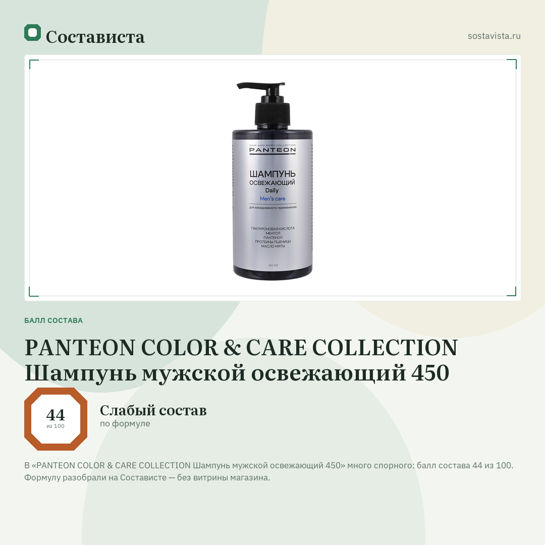 PANTEON COLOR & CARE COLLECTION Шампунь мужской освежающий 450: балл состава 44 из 100 — Состависта
