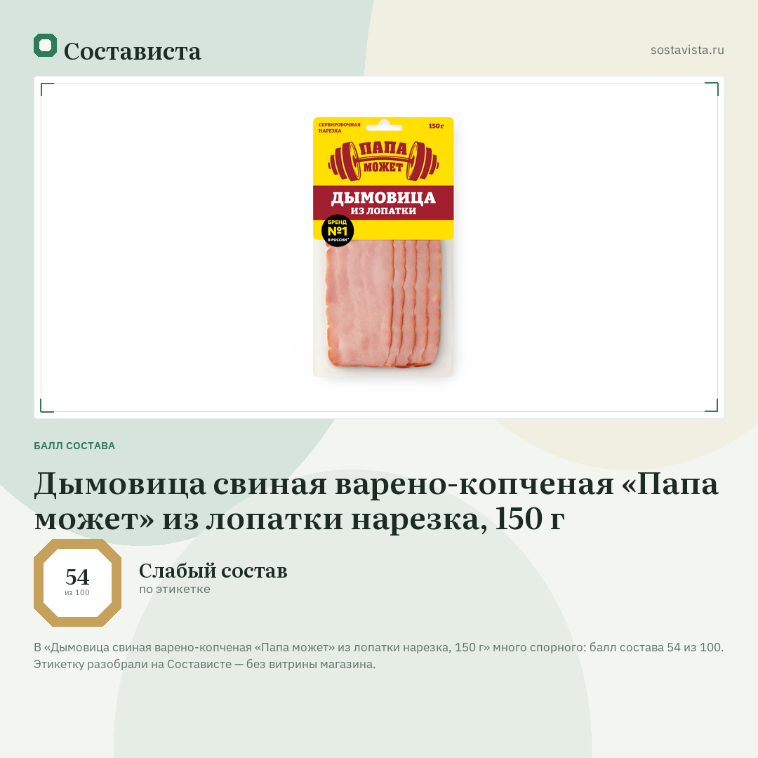 Дымовица свиная варено-копченая «Папа может» из лопатки нарезка, 150 г: балл состава 54 из 100 — Состависта