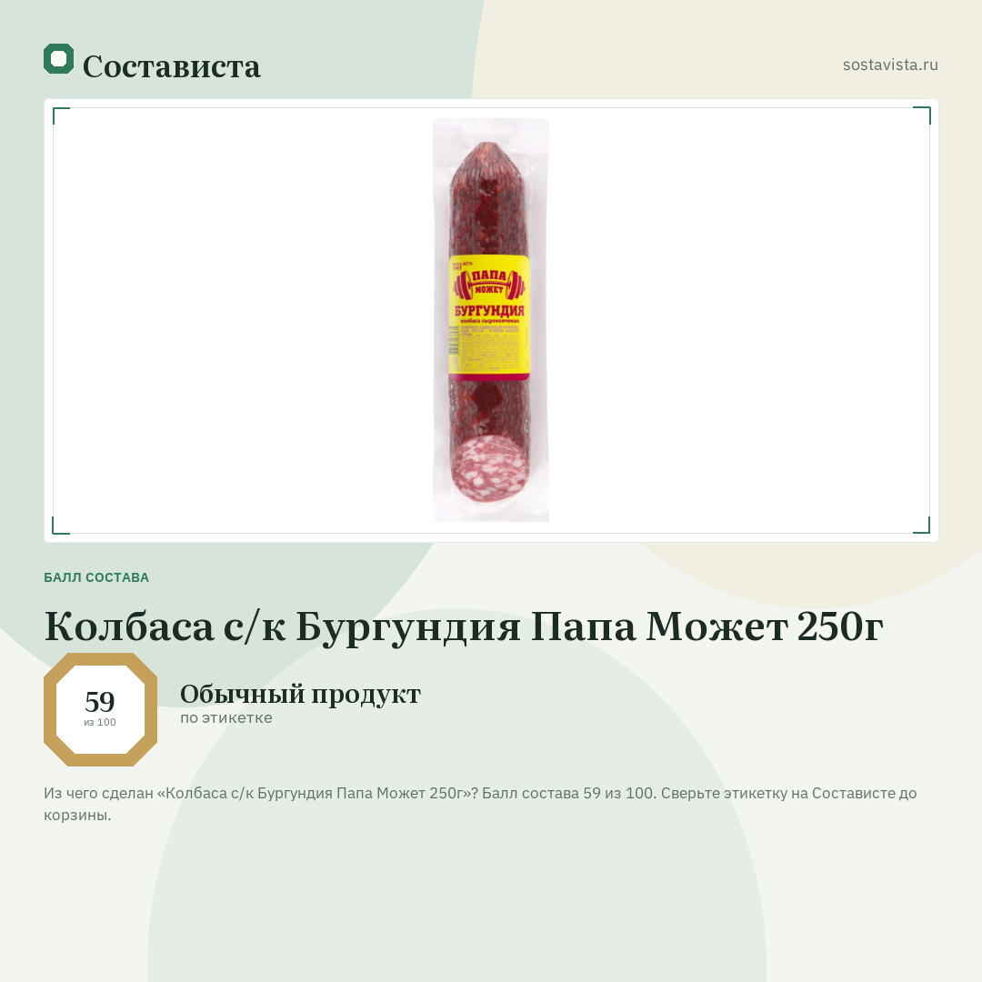 Колбаса с/к Бургундия Папа Может 250г: балл состава 59 из 100 — Состависта