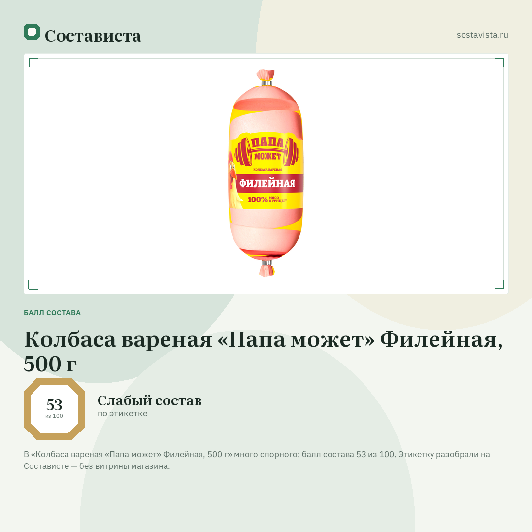 Колбаса вареная «Папа может» Филейная, 500 г: балл состава 53 из 100 — Состависта