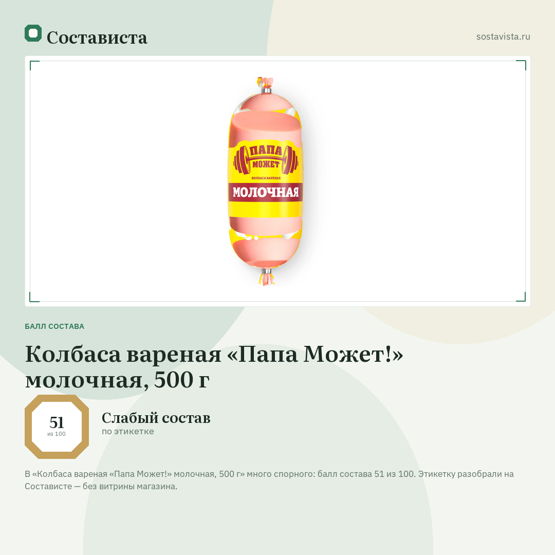 Колбаса вареная «Папа Может!» молочная, 500 г: балл состава 51 из 100 — Состависта