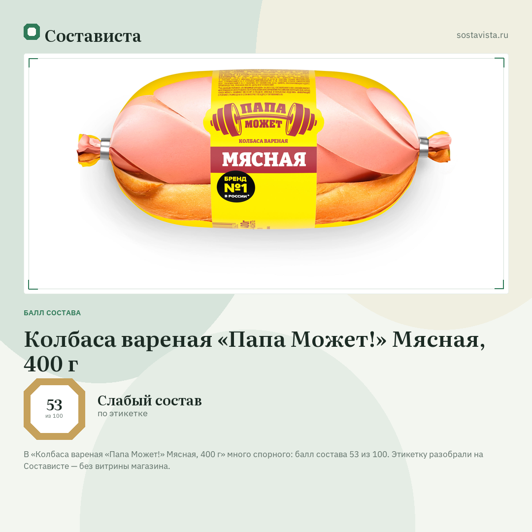 Колбаса вареная «Папа Может!» Мясная, 400 г: балл состава 53 из 100 — Состависта