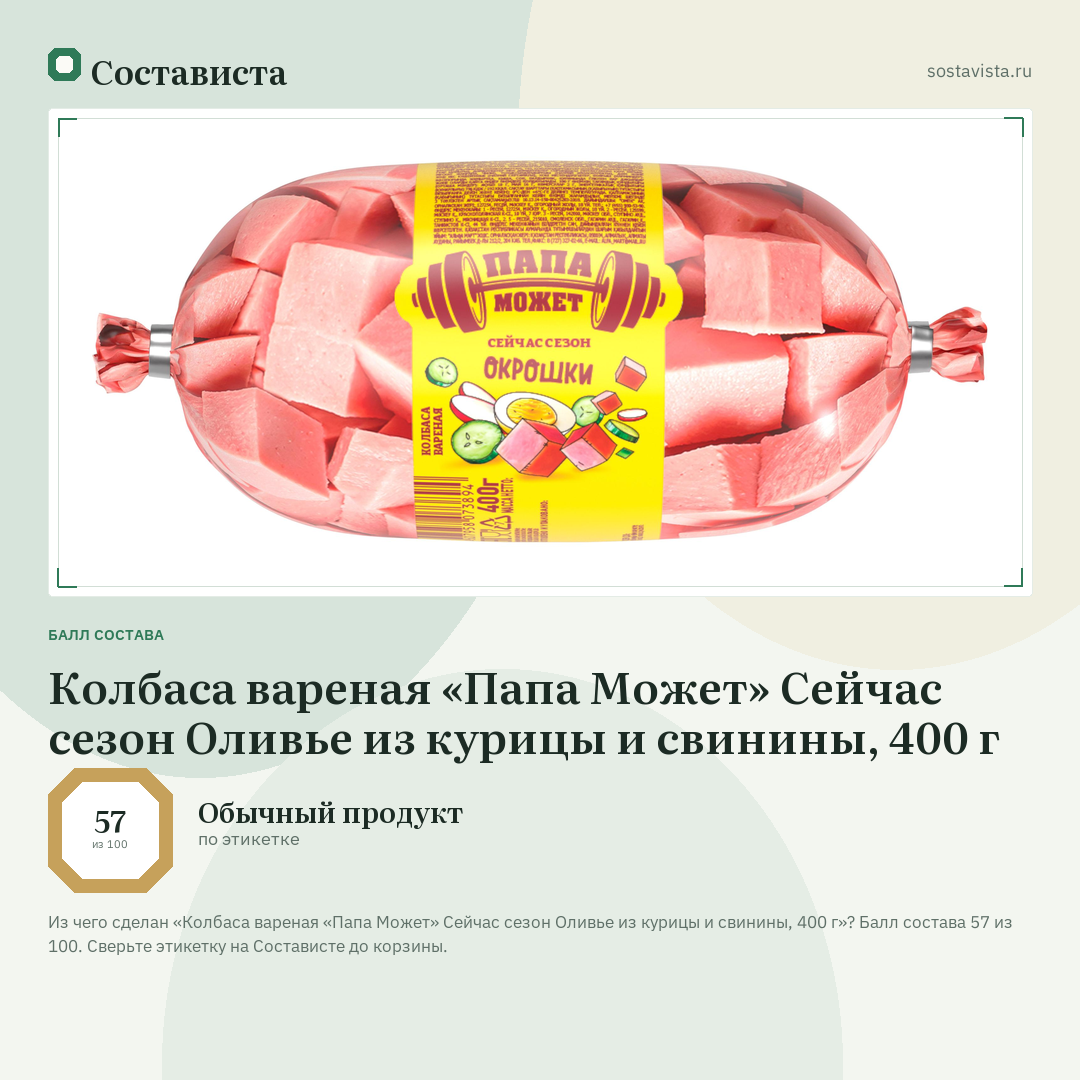 Колбаса вареная «Папа Может» Сейчас сезон Оливье из курицы и свинины, 400 г: балл состава 57 из 100 — Состависта