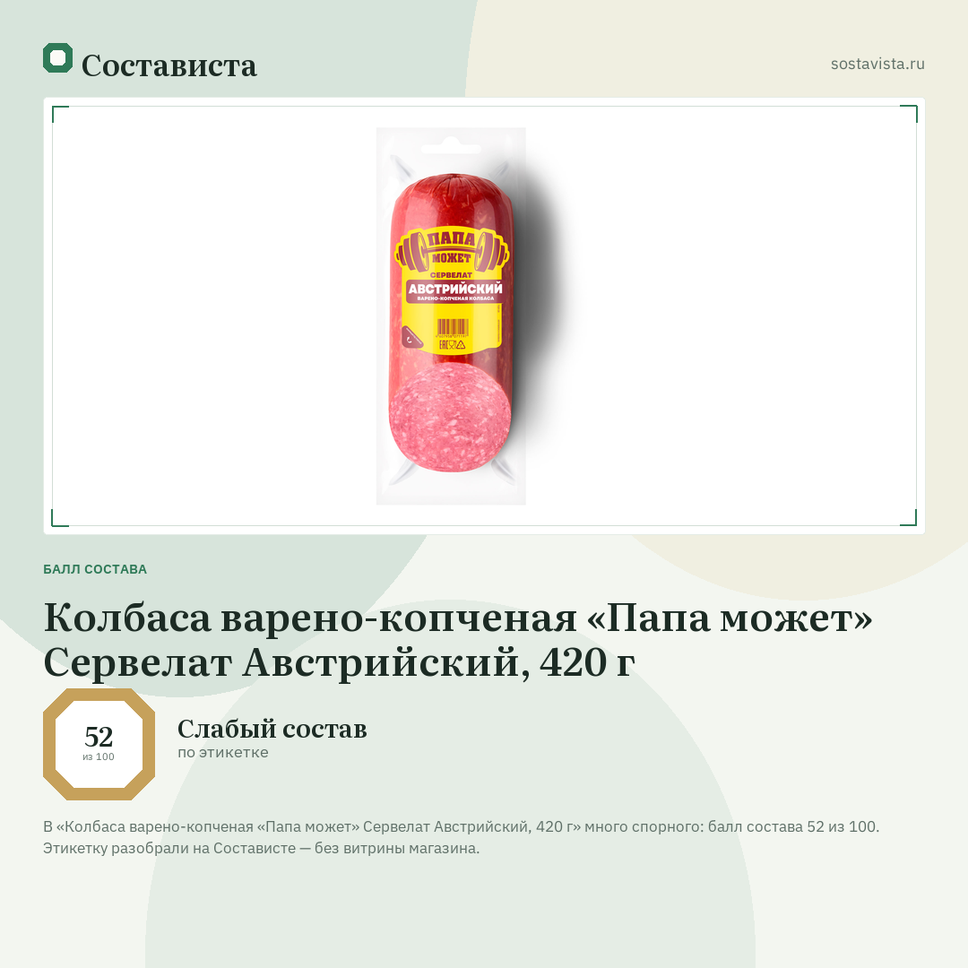 Колбаса варено-копченая «Папа может» Сервелат Австрийский, 420 г: балл состава 52 из 100 — Состависта
