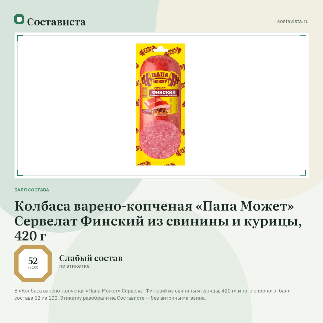 Колбаса варено-копченая «Папа Может» Сервелат Финский из свинины и курицы, 420 г: балл состава 52 из 100 — Состависта
