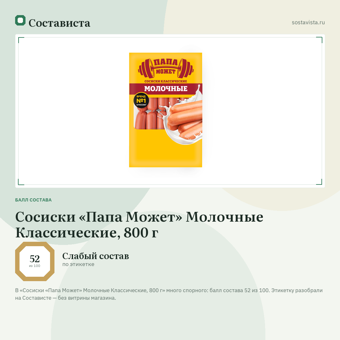 Сосиски «Папа Может» Молочные Классические, 800 г: балл состава 52 из 100 — Состависта
