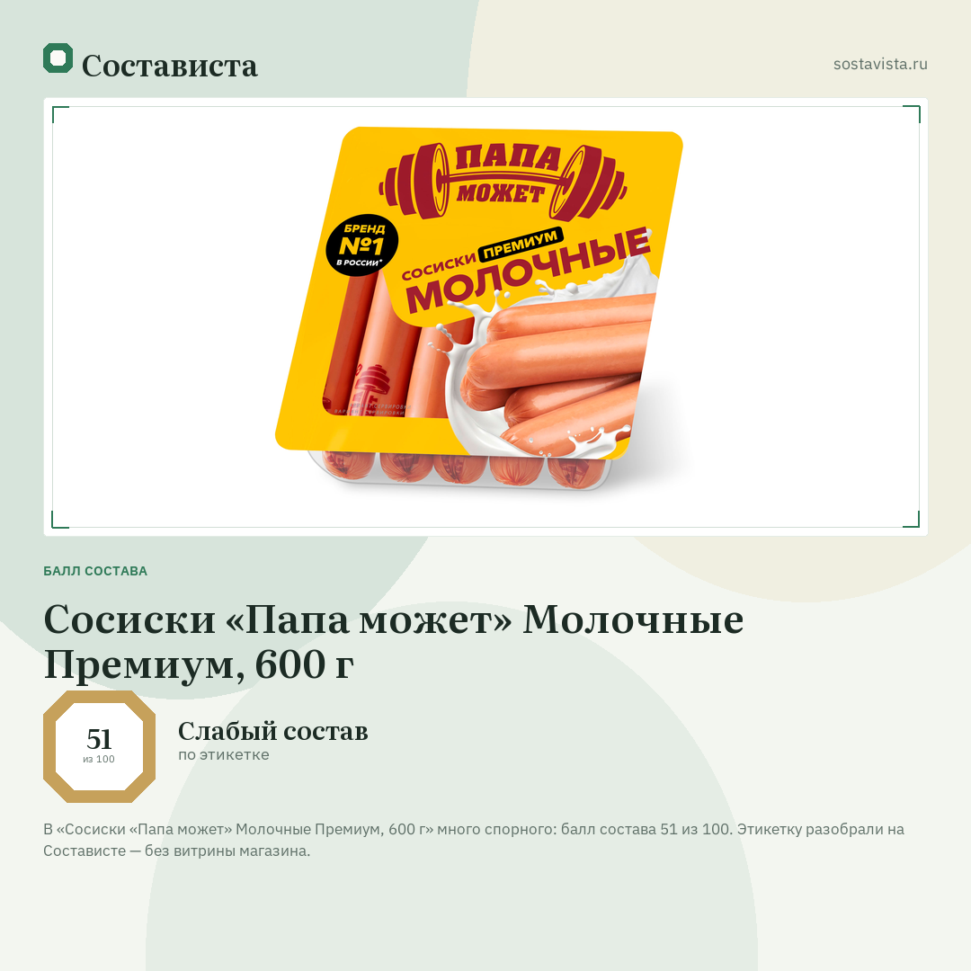 Сосиски «Папа может» Молочные Премиум, 600 г: балл состава 51 из 100 — Состависта