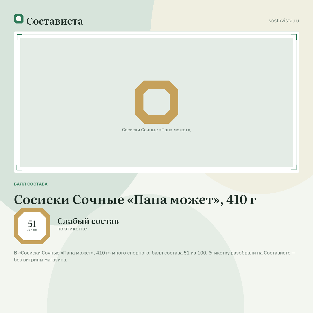Сосиски Сочные «Папа может», 410 г: балл состава 51 из 100 — Состависта